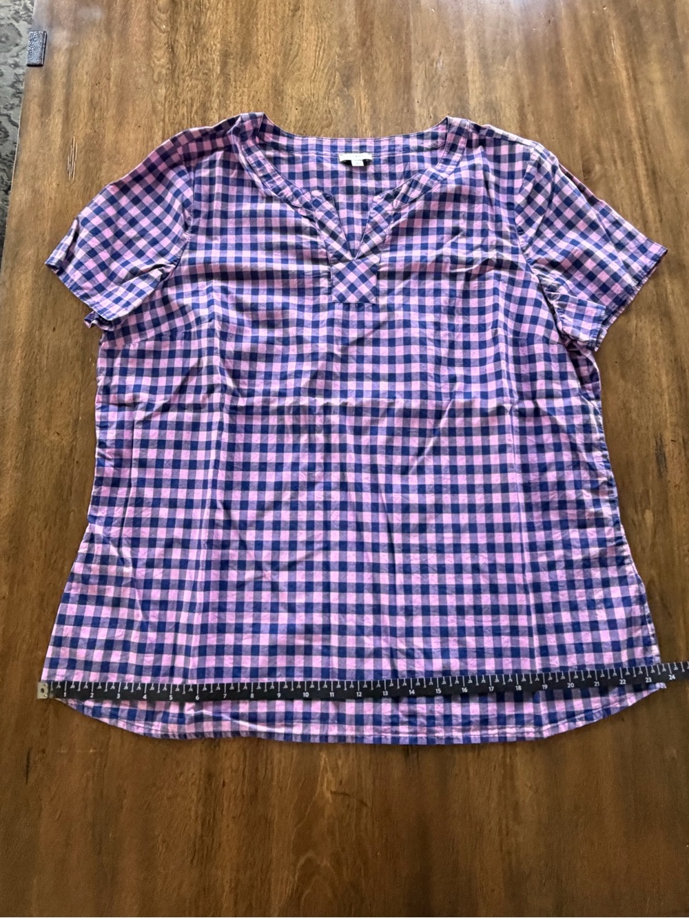 Talbots Pink and Navy Gingham Short-Sleeve V-Notch Top